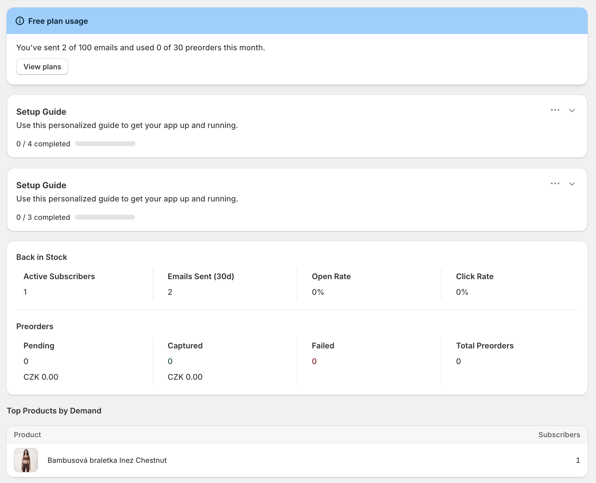 Restokly merchant dashboard showing plan usage, back-in-stock stats, pre-order stats, and top products by demand