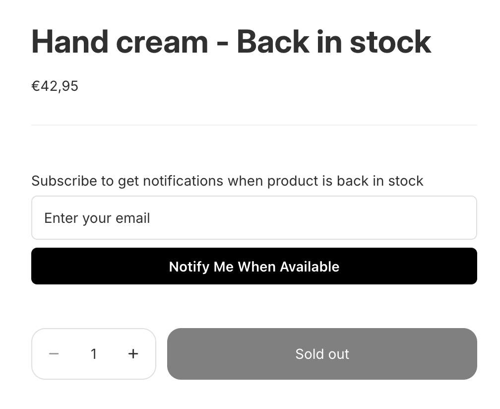 Notify Me When Available form on a sold-out Shopify product
