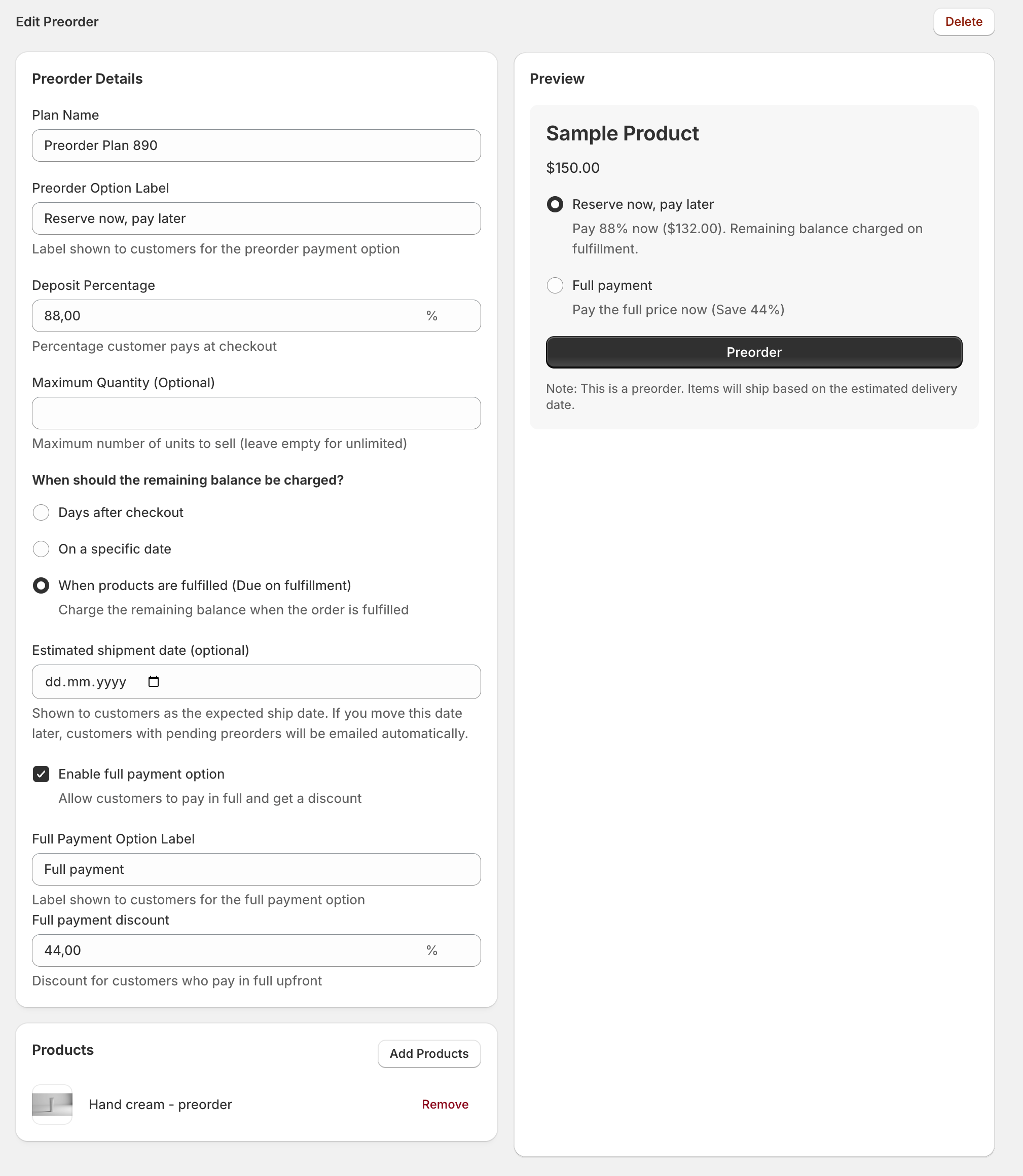 Restokly admin screen for editing a pre-order plan, with a live storefront preview