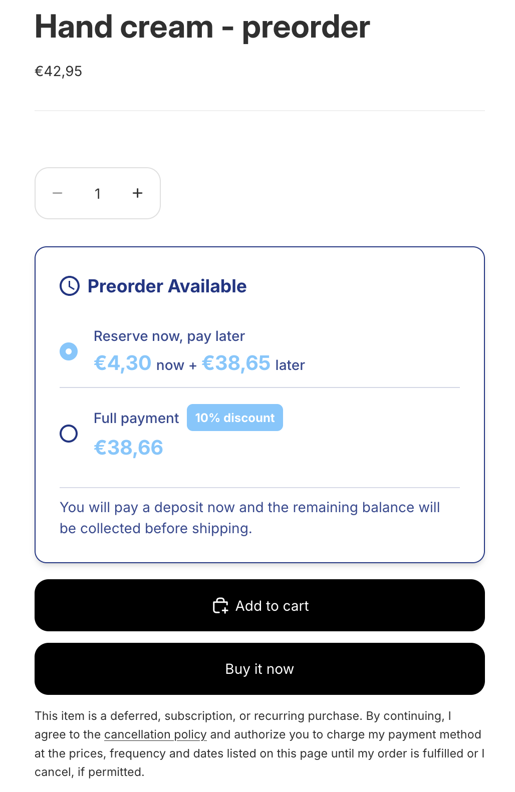 Pre-order options on a Shopify product page with Reserve now and Full payment choices
